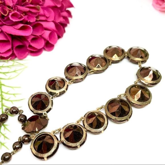 VINTAGE⚜️RETRO Chocolate Crystal Golden Link Necklace - Picture 6 of 9